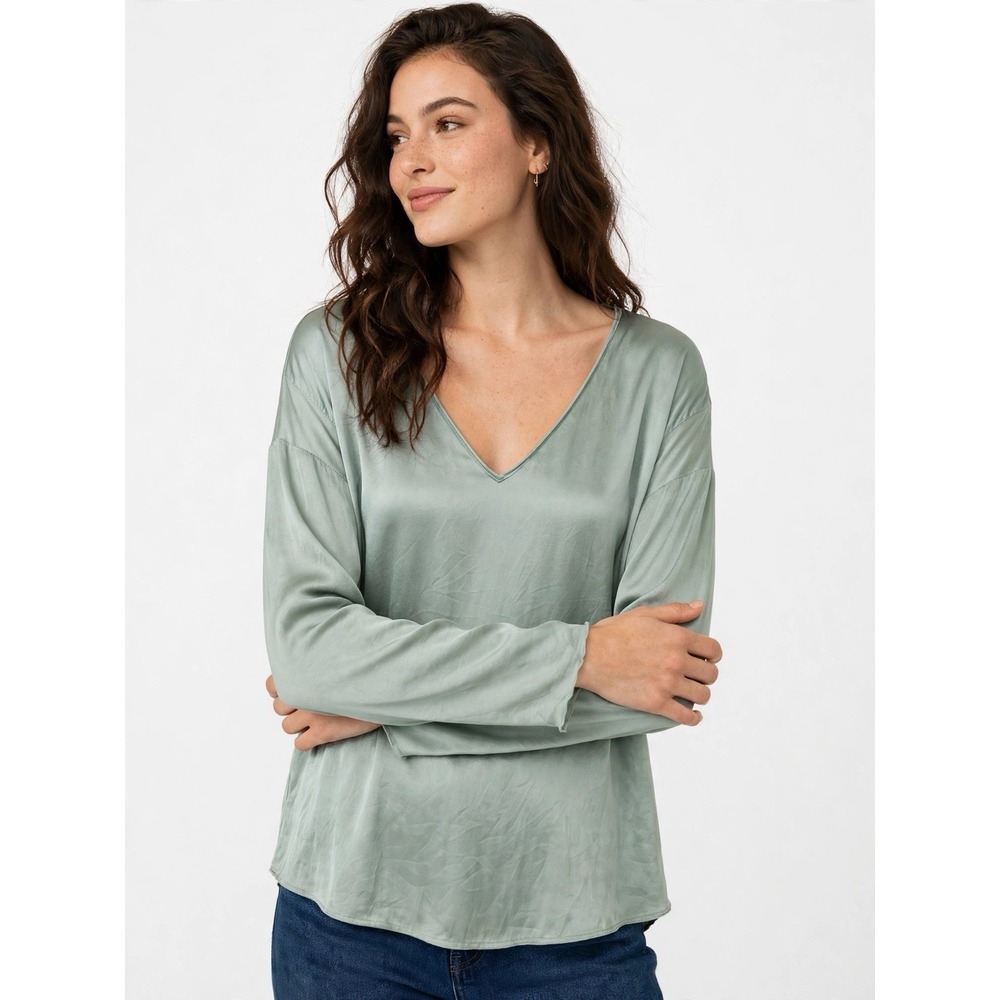 Go Silk Sage Green Silk Cotton V Neck Long Sleeve Blouse Relaxed Luxe L